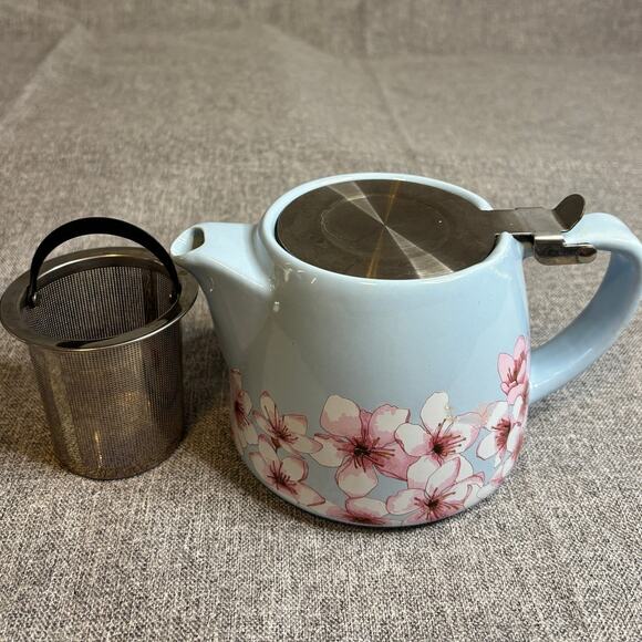 Blue Teapot w/ Cherry Blossoms.  Ceramic with steel Infuser. - Picture 6 of 8